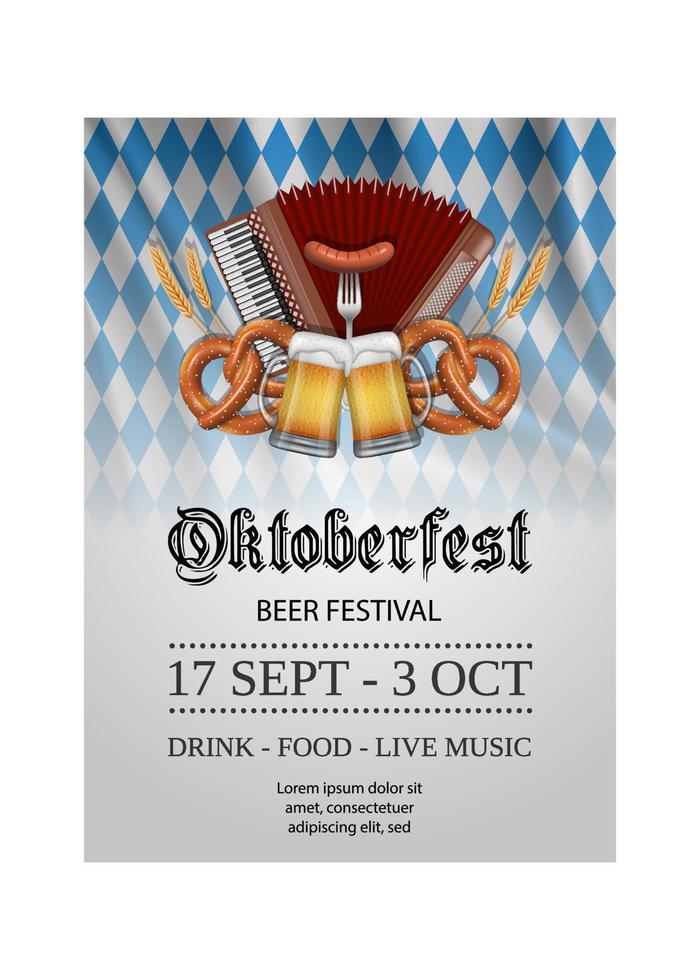 Oktoberfest poster with accordion, pretzel and beer mugs vector
