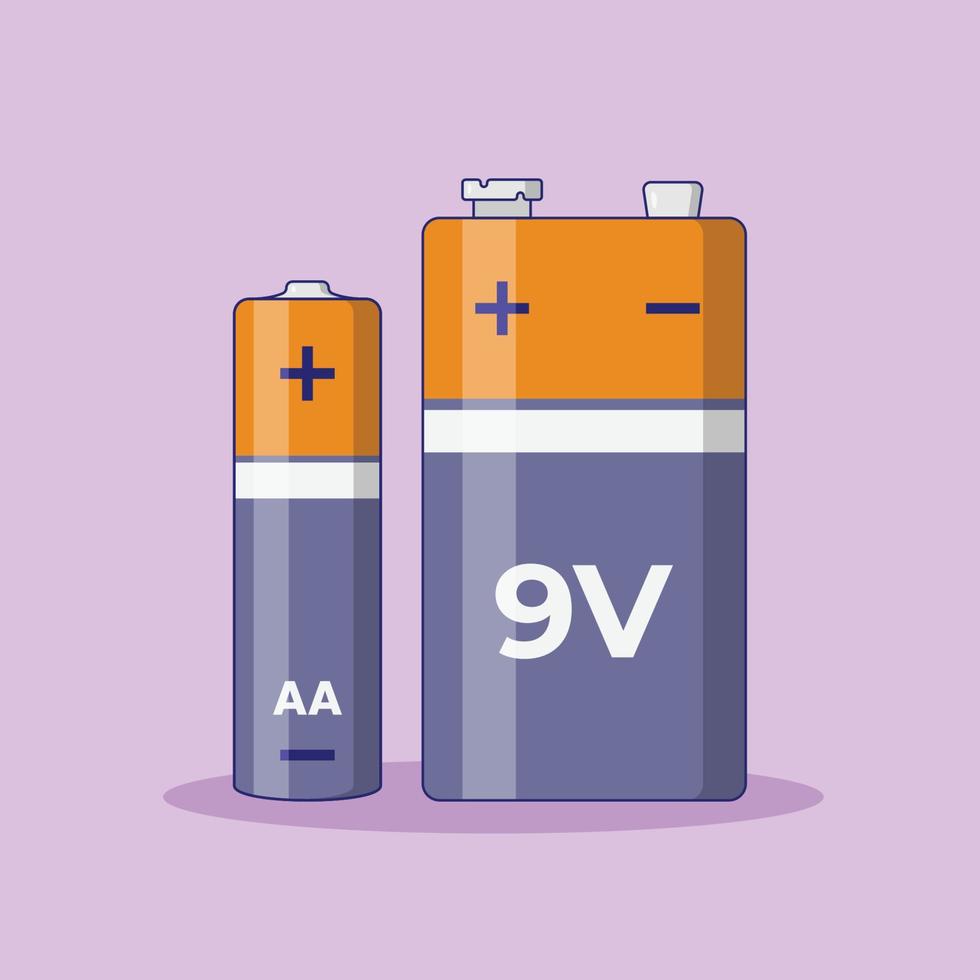 Battery AA and 9 Volts Vector Icon Illustration with Outline for Design Element, Clip Art, Web, Landing page, Sticker, Banner. Flat Cartoon Style