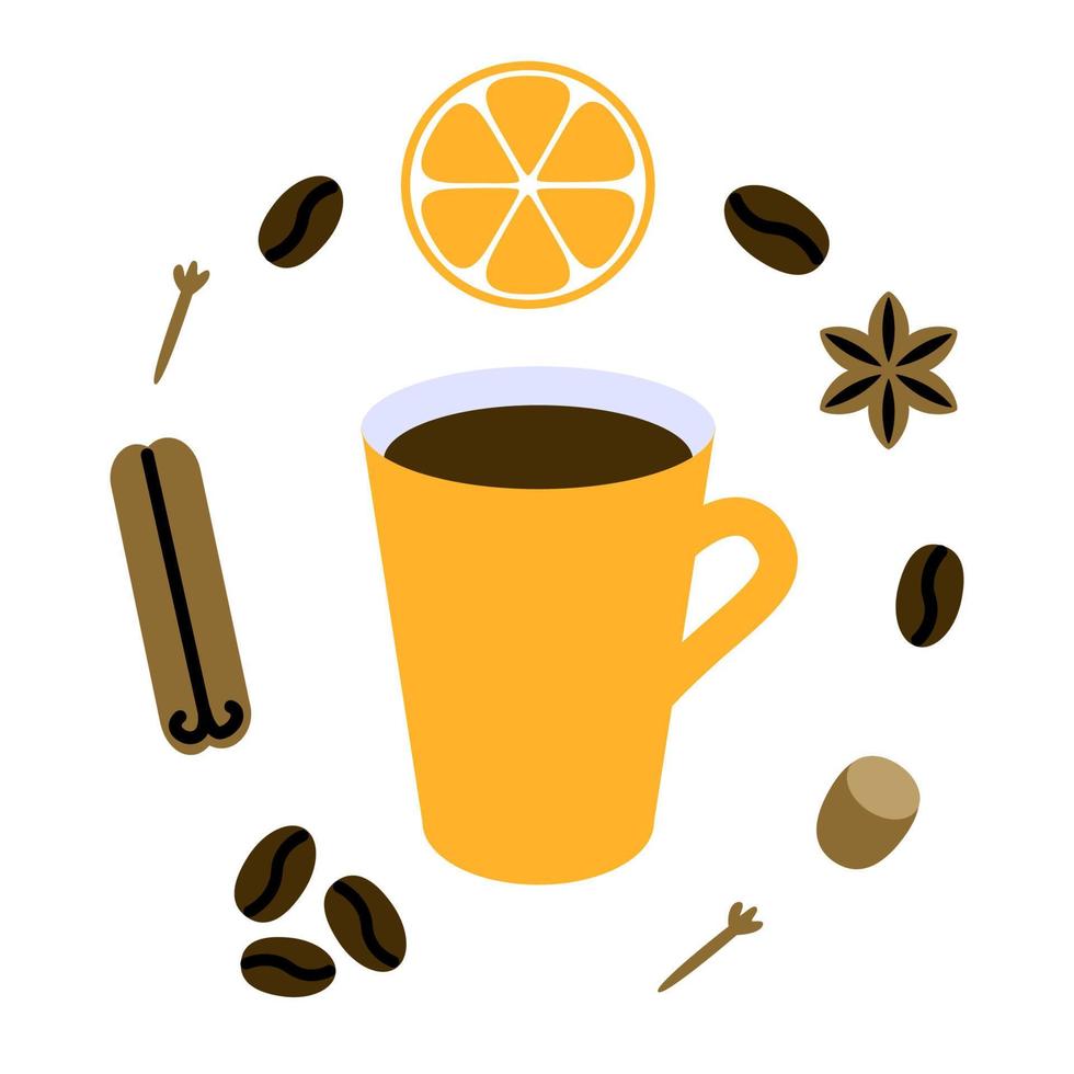 Mug of Coffee Surrounded by Spices, Coffee Beans and Orange Slice vector