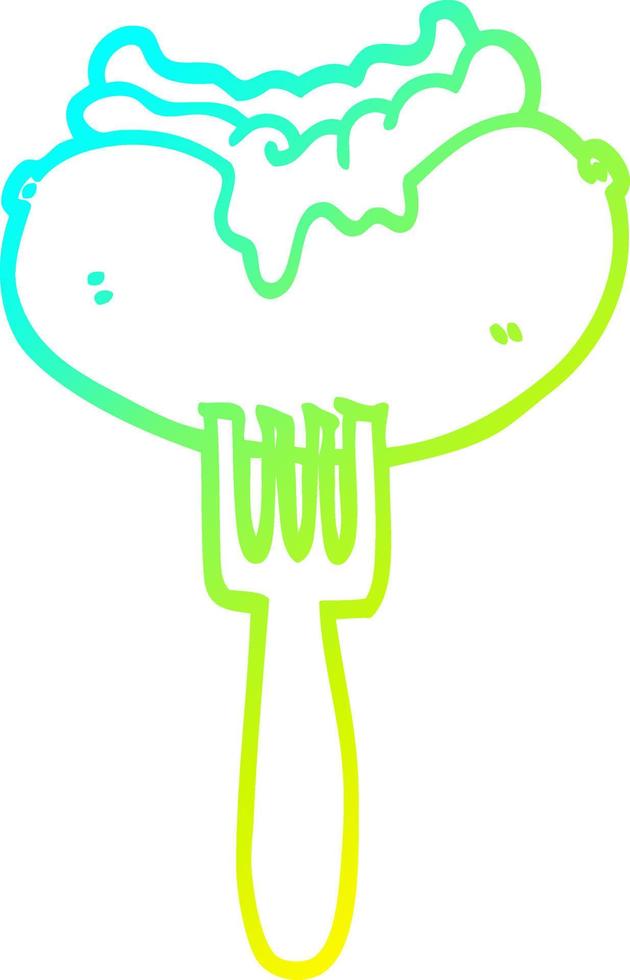 cold gradient line drawing cartoon hotdog with mustard and ketchup on fork vector
