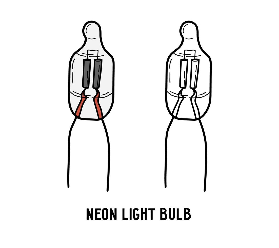 lámpara de neón, bombilla de descarga de gas con icono de dos electrodos, ilustración lineal vectorial en estilo de boceto de fideos dibujado a mano vector