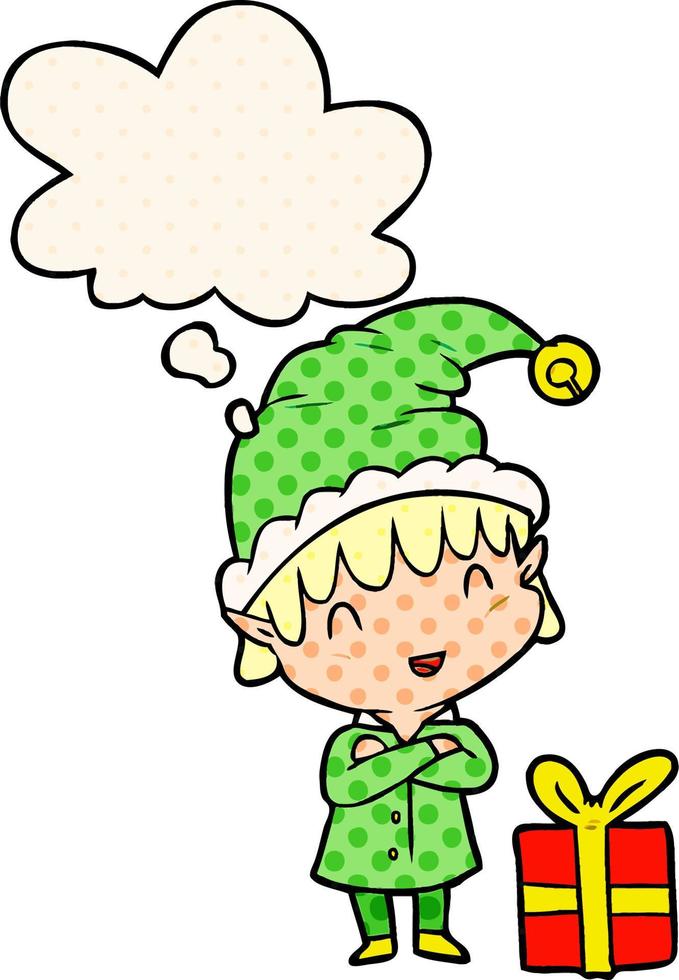 cartoon happy christmas elf and thought bubble in comic book style vector