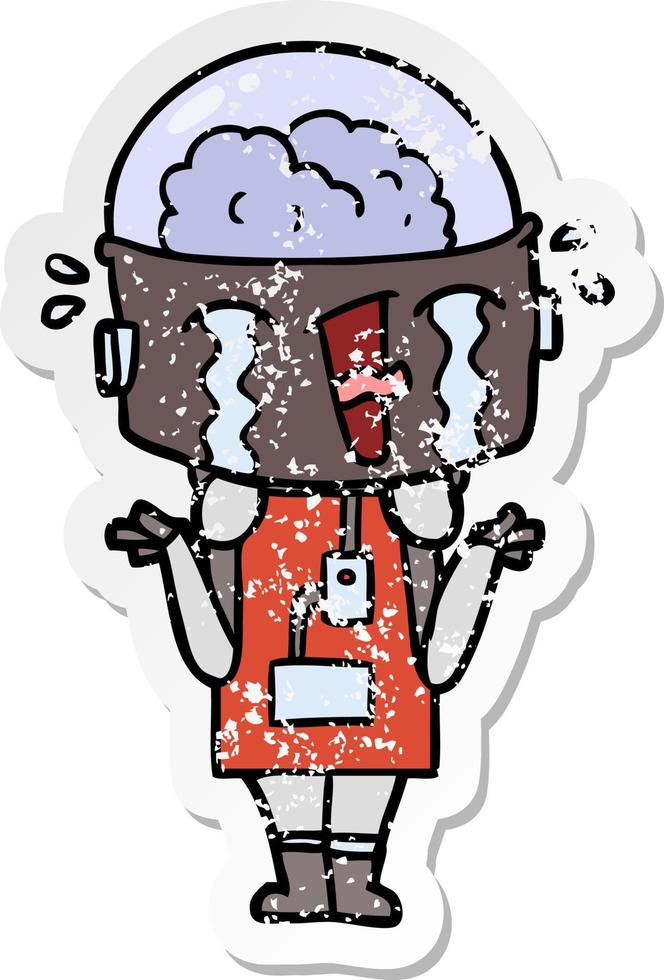 distressed sticker of a cartoon crying robot shrugging shoulders in confusion vector