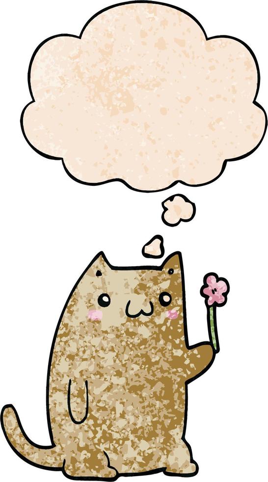 cute cartoon cat with flower and thought bubble in grunge texture pattern style vector