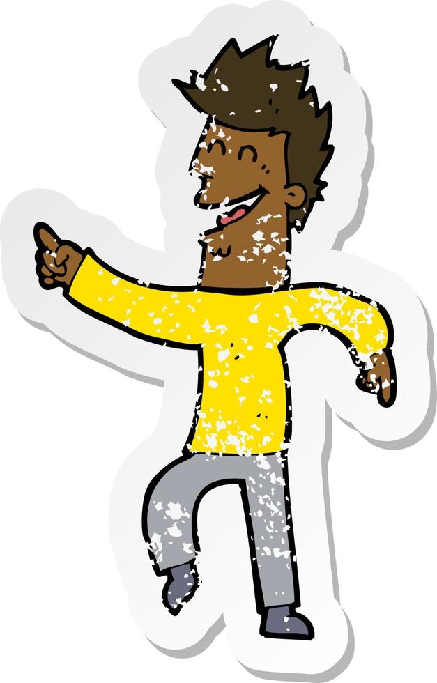 retro distressed sticker of a cartoon man pointing and laughing vector