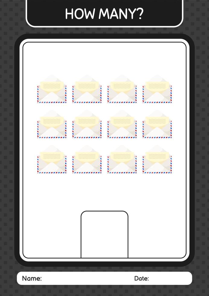 How many counting game with paper mail. worksheet for preschool kids, kids activity sheet vector