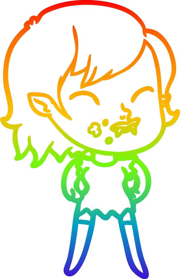 rainbow gradient line drawing cartoon vampire girl with blood on cheek vector