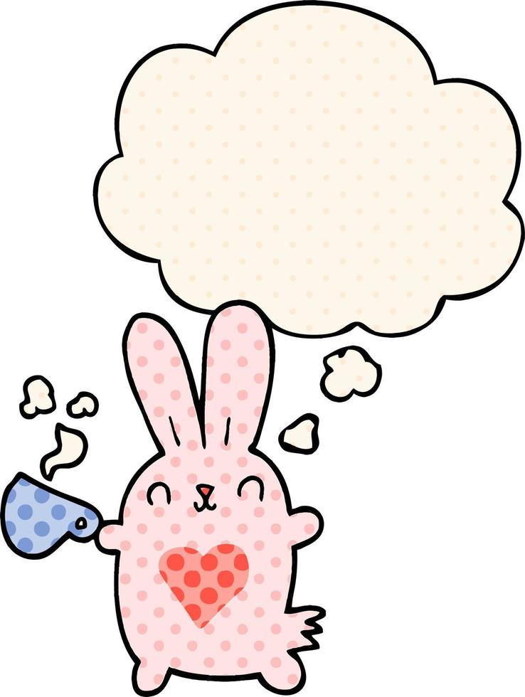 cute cartoon rabbit with love heart and coffee cup and thought bubble in comic book style vector