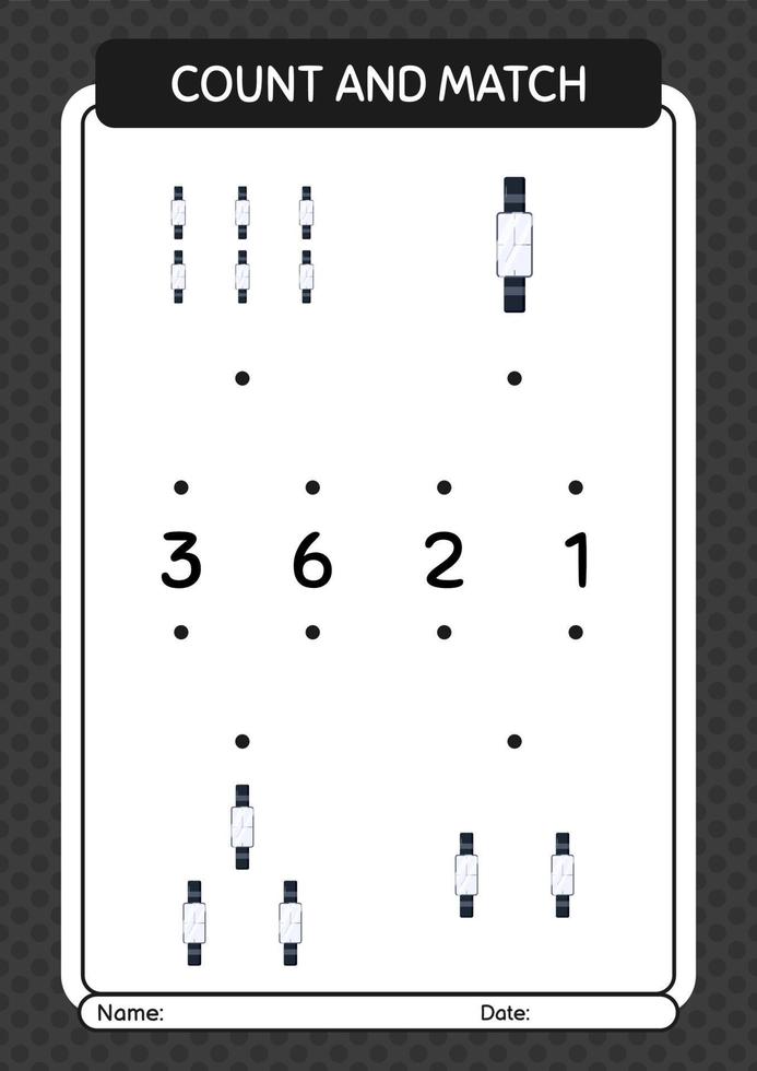 Count and match game with watch. worksheet for preschool kids, kids activity sheet vector