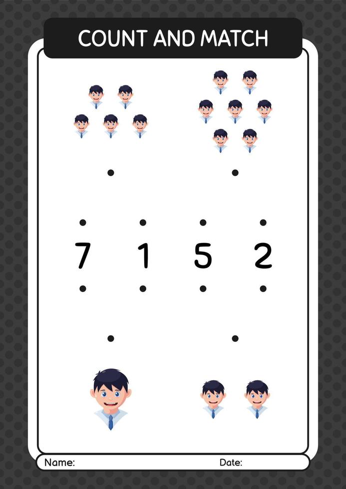 Count and match game with boy. worksheet for preschool kids, kids activity sheet vector