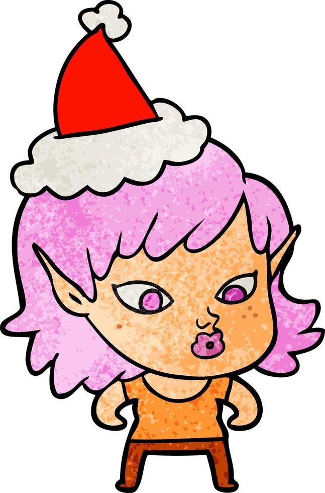 caricatura bastante texturizada de una niña elfa con sombrero de santa vector