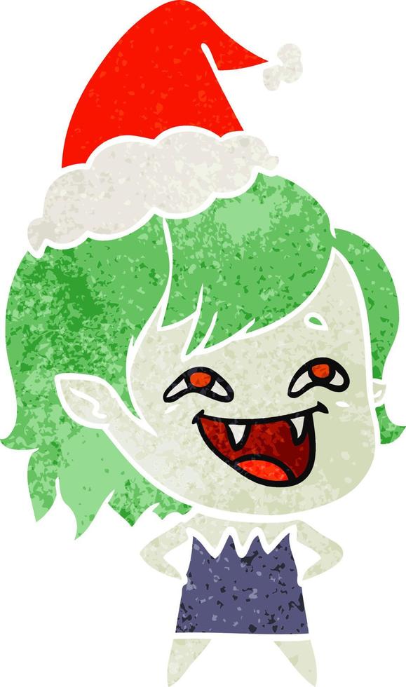 retro cartoon of a laughing vampire girl wearing santa hat vector