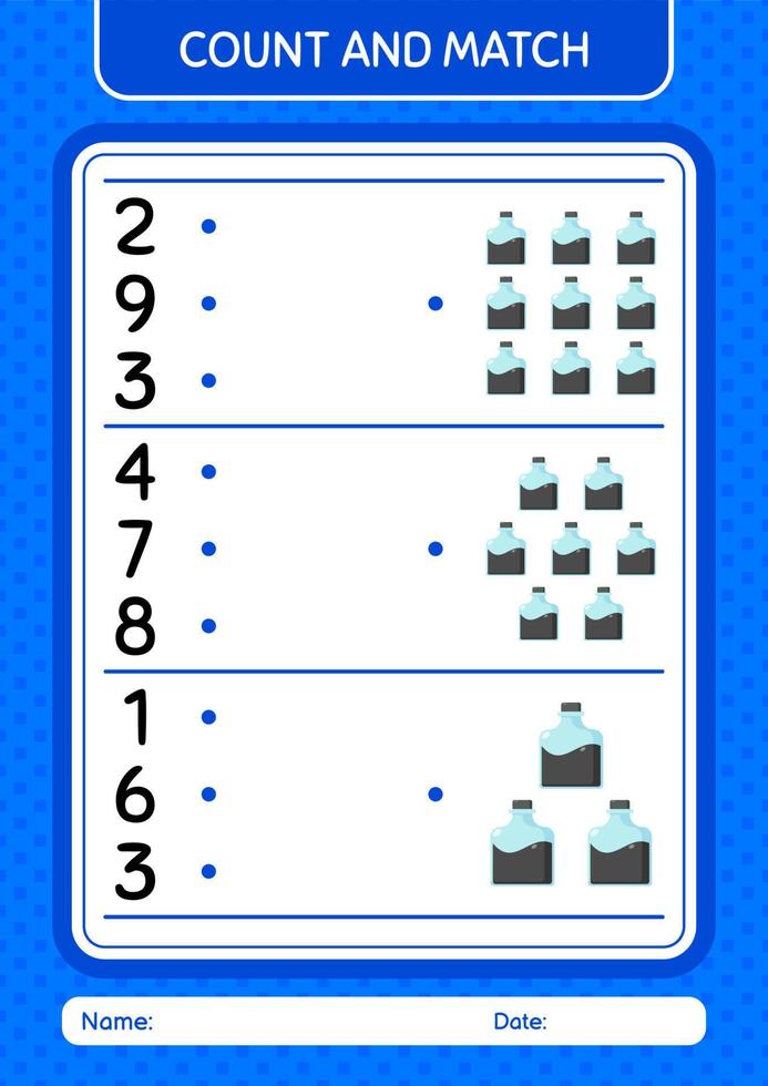 Count and match game with ink bottle. worksheet for preschool kids, kids activity sheet vector