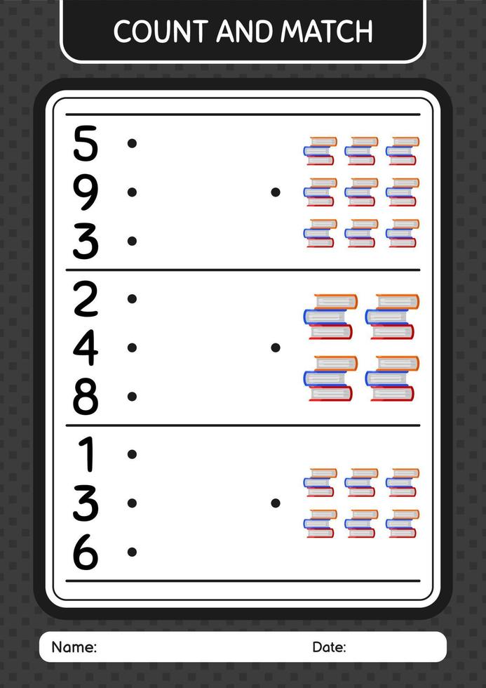 Count and match game with book. worksheet for preschool kids, kids activity sheet vector