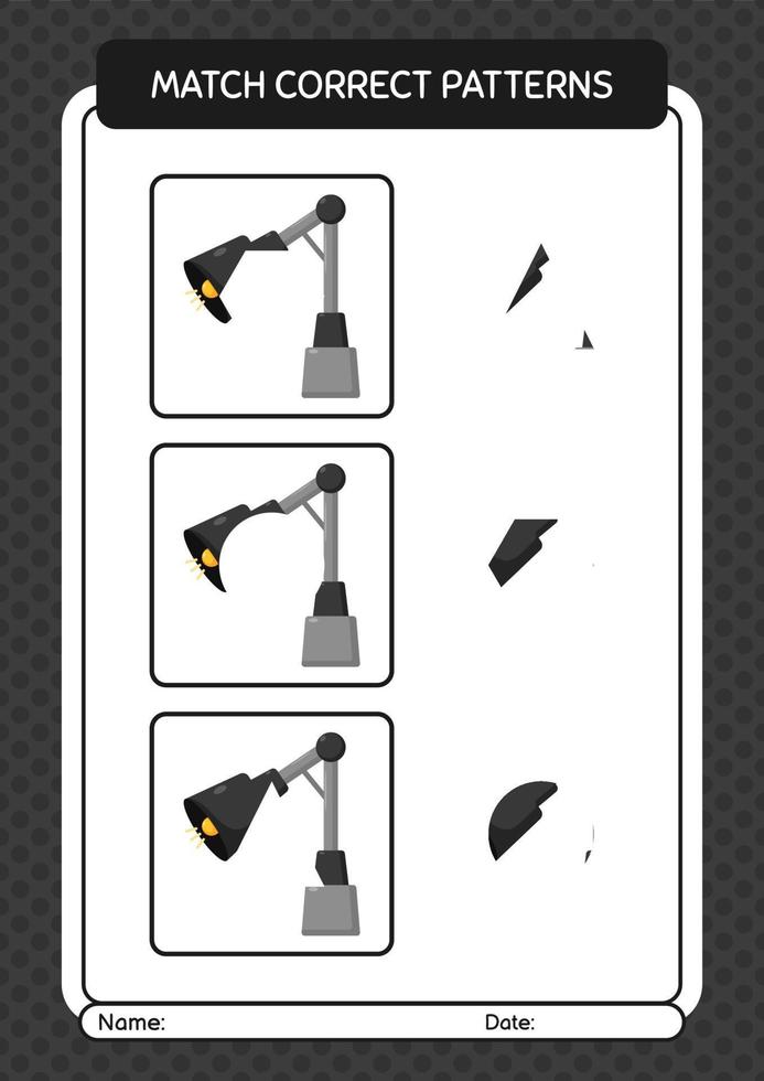 Match pattern game with desk lamp. worksheet for preschool kids, kids activity sheet vector
