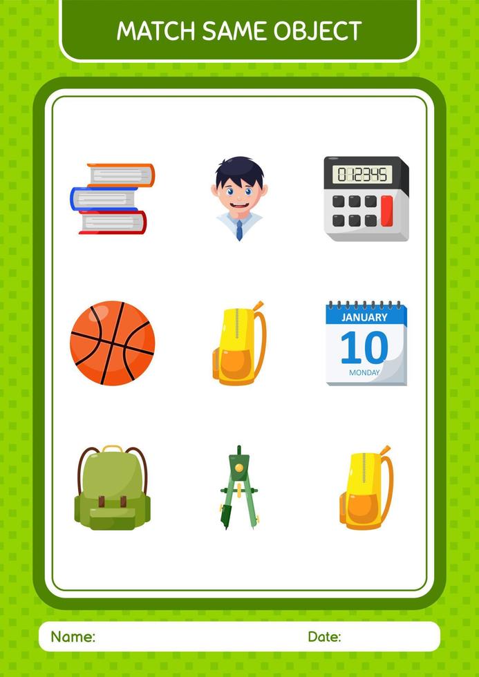 Match with same object game backpack. worksheet for preschool kids, kids activity sheet vector