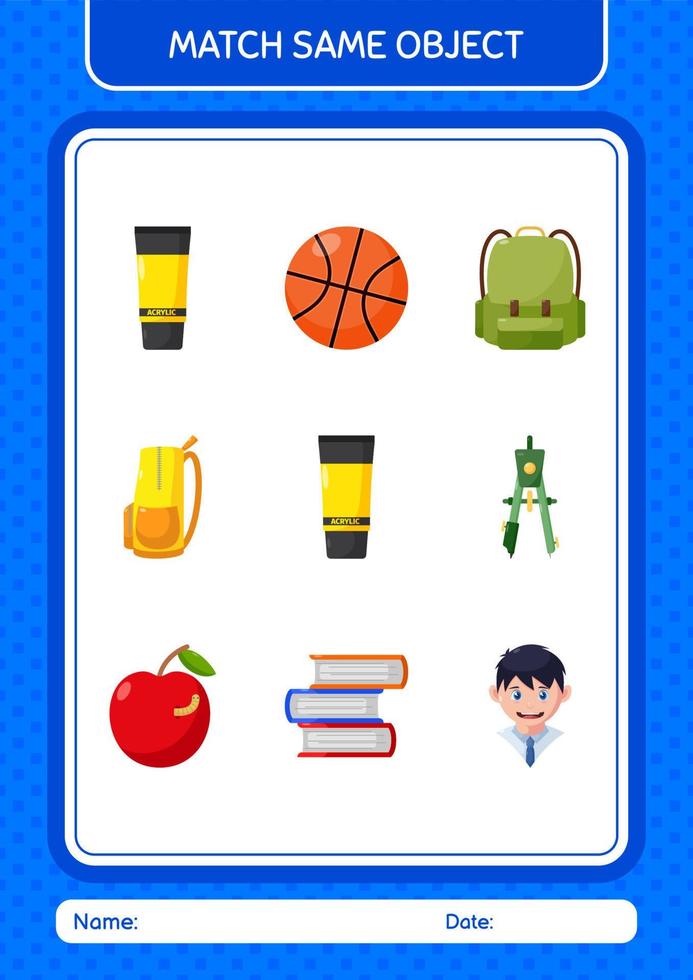 Match with same object game acrylic paint. worksheet for preschool kids, kids activity sheet vector