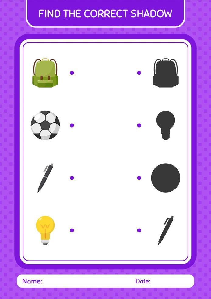 Find the correct shadows game with summer icon. worksheet for preschool kids, kids activity sheet vector