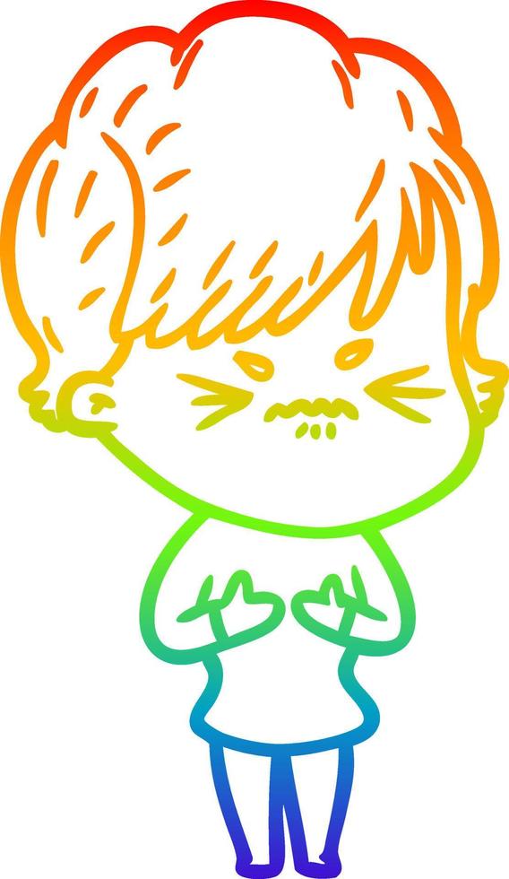 rainbow gradient line drawing cartoon frustrated woman vector