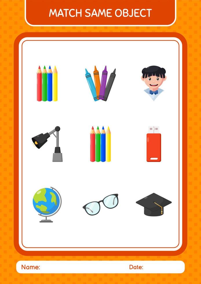 Match with same object game color pencil. worksheet for preschool kids, kids activity sheet vector