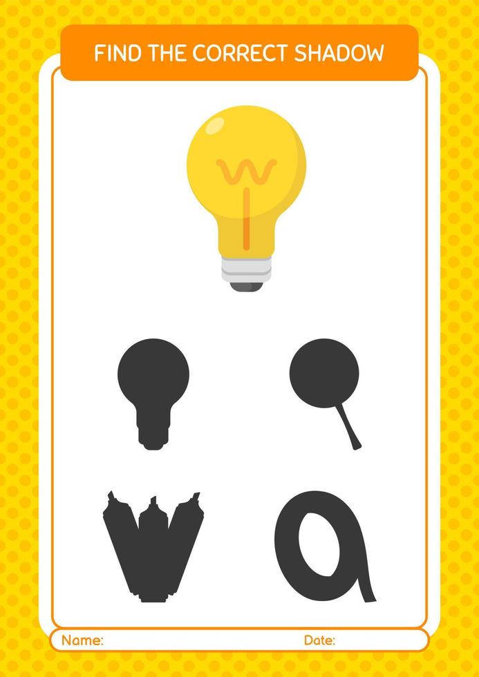 Find the correct shadows game with light bulb. worksheet for preschool kids, kids activity sheet vector