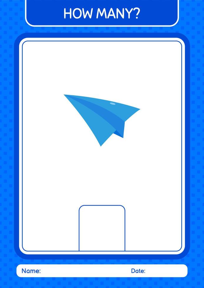 How many counting game with paper plane. worksheet for preschool kids, kids activity sheet vector