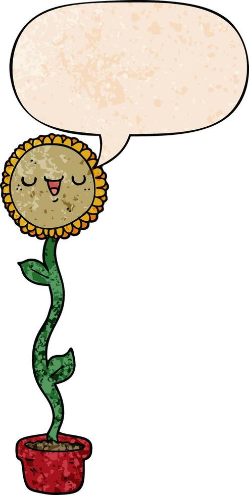 cartoon sunflower and speech bubble in retro texture style vector