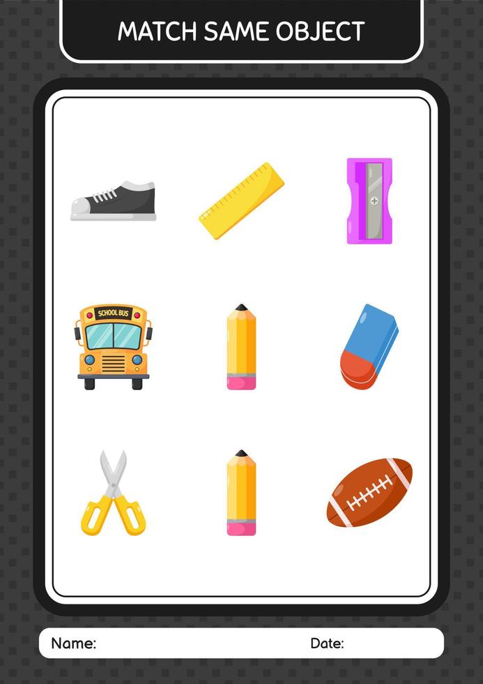 Match with same object game pencil. worksheet for preschool kids, kids activity sheet vector