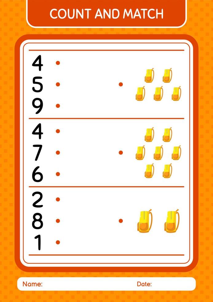Count and match game with backpack. worksheet for preschool kids, kids activity sheet vector
