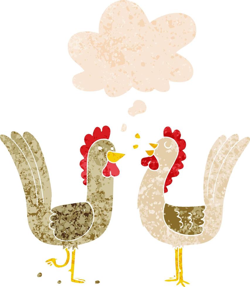 cartoon chickens and thought bubble in retro textured style vector