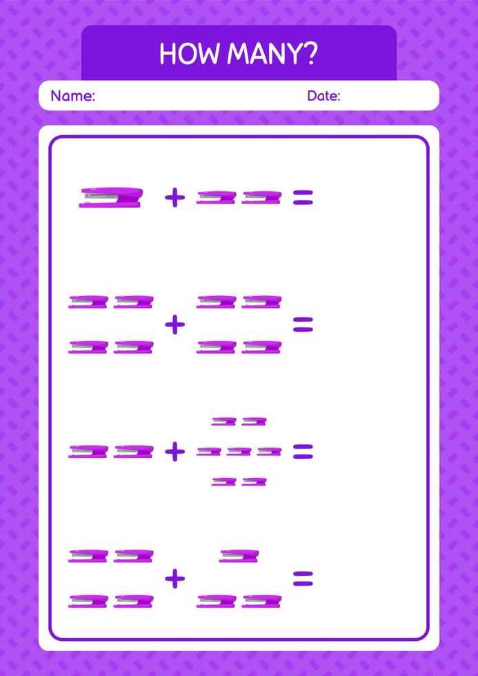 How many counting game with stapler. worksheet for preschool kids, kids activity sheet vector