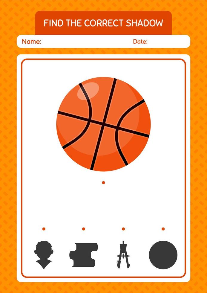 Find the correct shadows game with basketball. worksheet for preschool kids, kids activity sheet vector