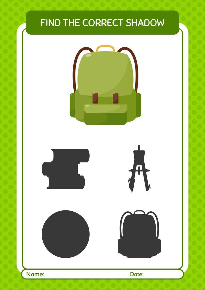 Find the correct shadows game with backpack. worksheet for preschool kids, kids activity sheet vector