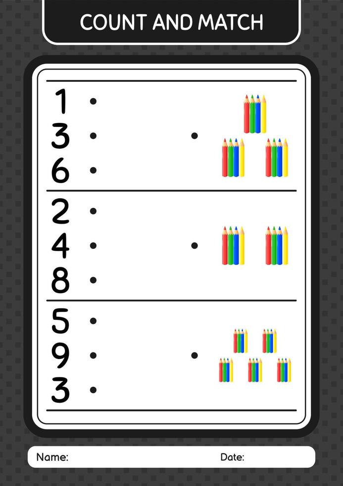 juego de contar y combinar con lápiz de color. hoja de trabajo para niños en edad preescolar, hoja de actividades para niños vector