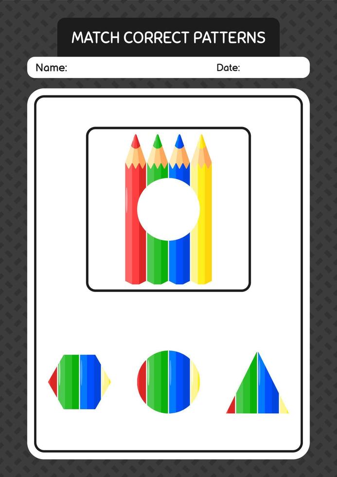 juego de patrón de coincidencia con lápiz de color. hoja de trabajo para niños en edad preescolar, hoja de actividades para niños vector
