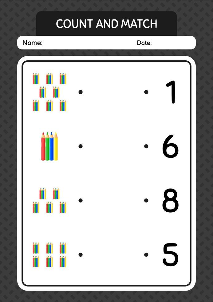 juego de contar y combinar con lápiz de color. hoja de trabajo para niños en edad preescolar, hoja de actividades para niños vector