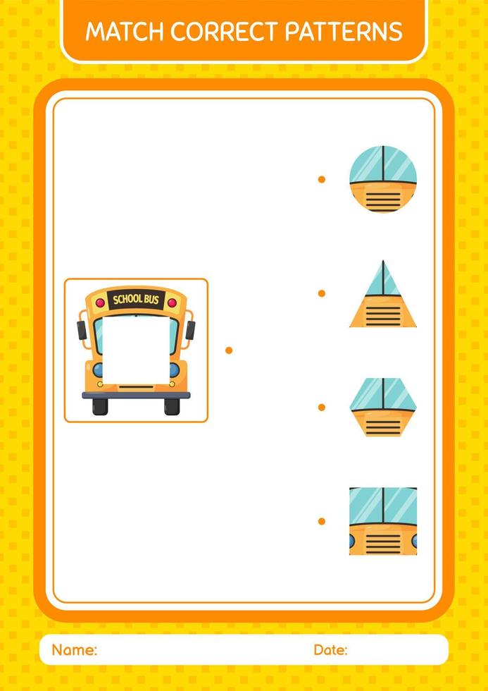 Match pattern game with school bus. worksheet for preschool kids, kids activity sheet vector