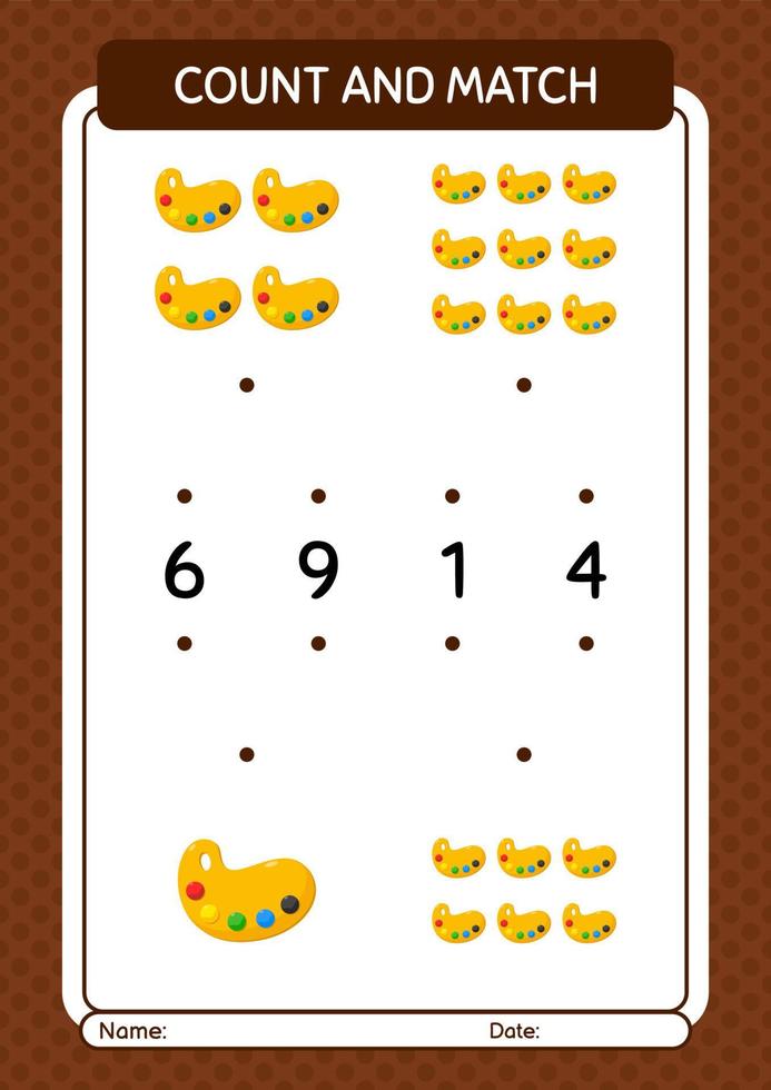Count and match game with paint palette. worksheet for preschool kids, kids activity sheet vector