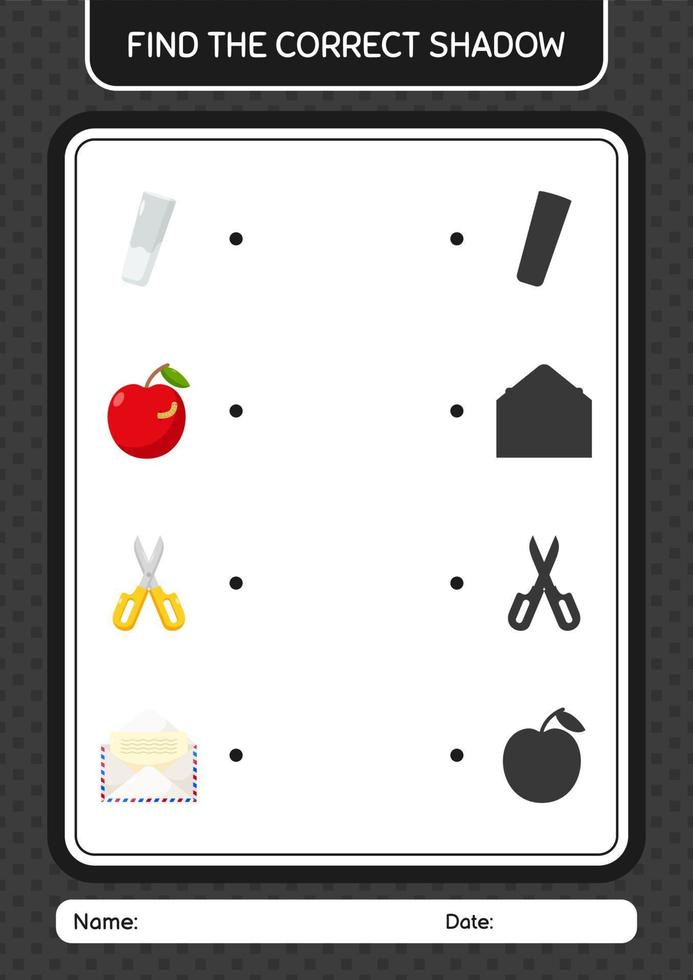 Find the correct shadows game with summer icon. worksheet for preschool kids, kids activity sheet vector