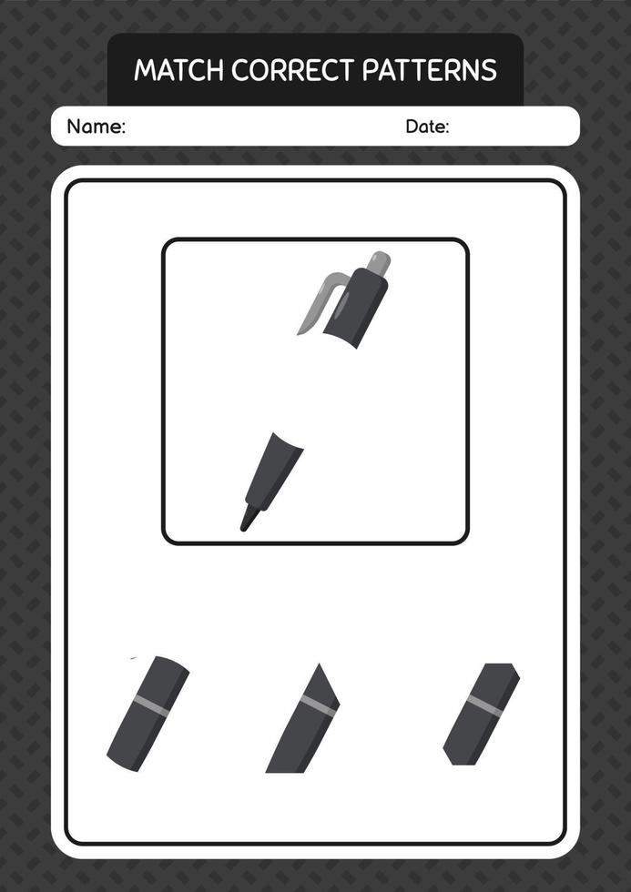 Match pattern game with pen. worksheet for preschool kids, kids activity sheet vector