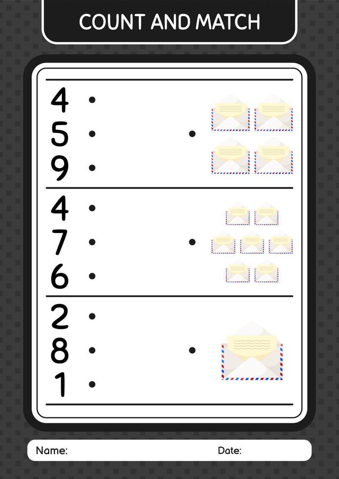 Count and match game with paper mail. worksheet for preschool kids, kids activity sheet vector