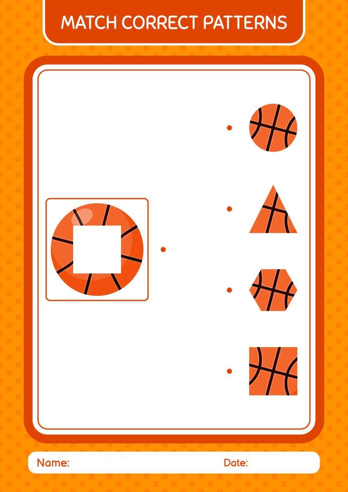 Match pattern game with basketball. worksheet for preschool kids, kids activity sheet vector