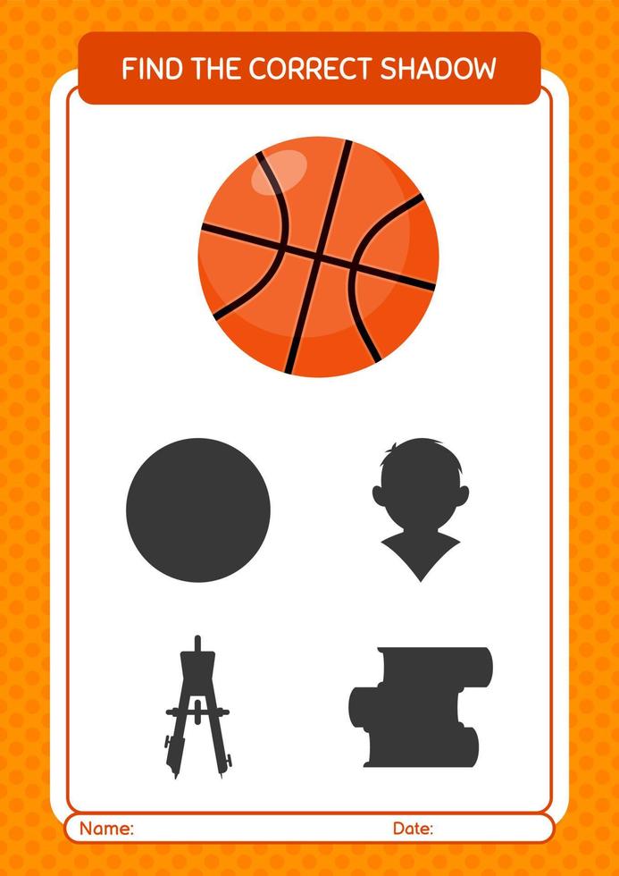 Find the correct shadows game with basketball. worksheet for preschool kids, kids activity sheet vector