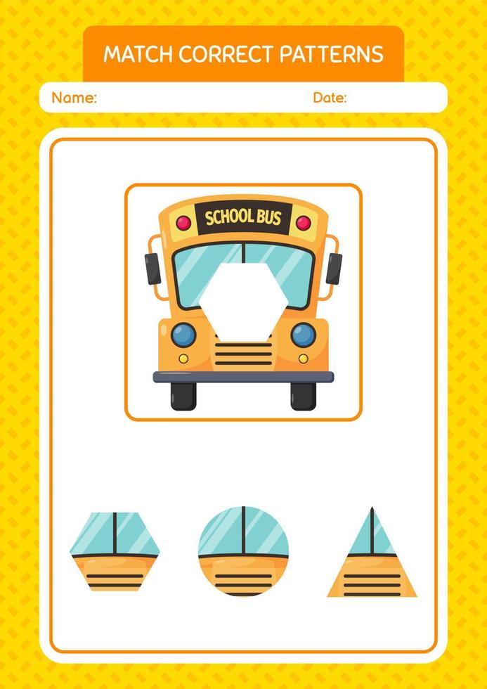 Match pattern game with school bus. worksheet for preschool kids, kids activity sheet vector