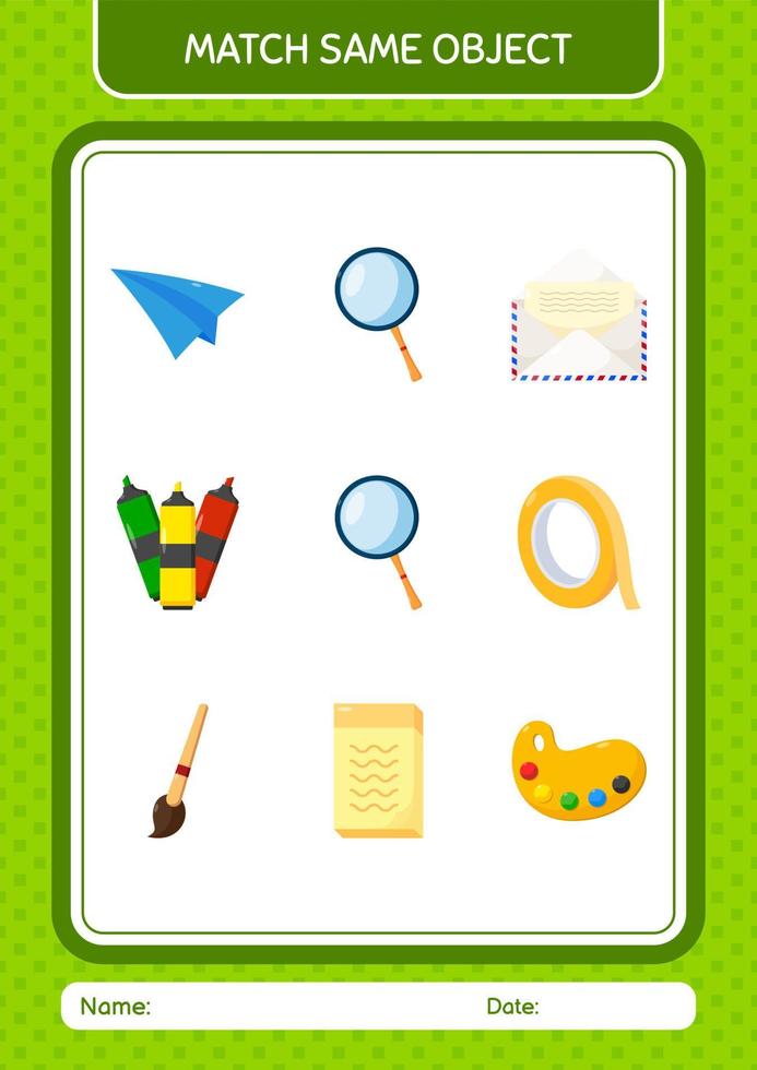 Match with same object game magnifying glass. worksheet for preschool kids, kids activity sheet vector