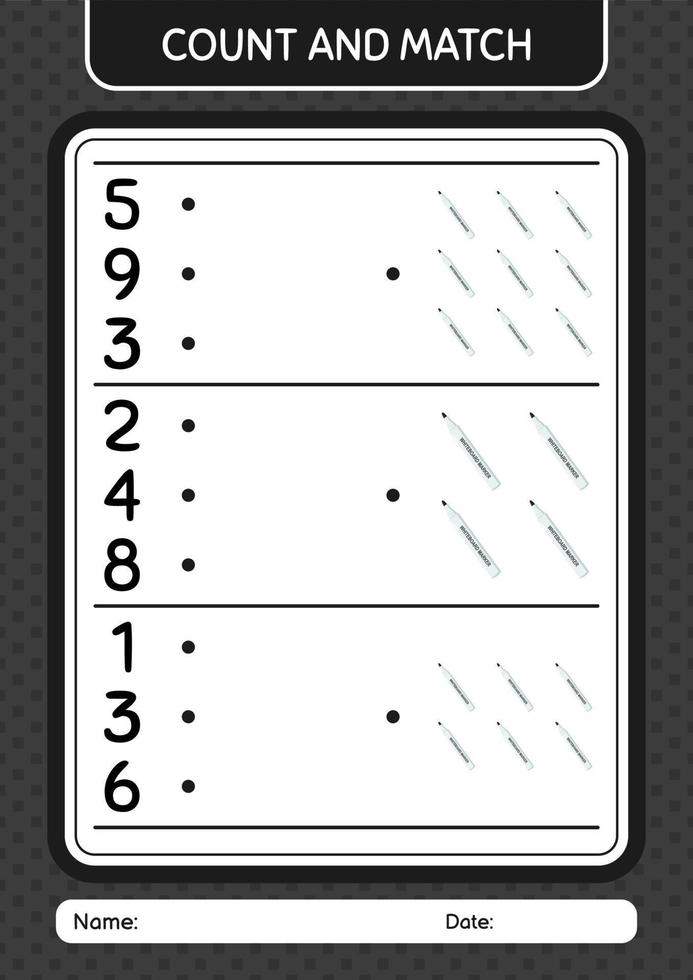Count and match game with whiteboard marker. worksheet for preschool kids, kids activity sheet vector
