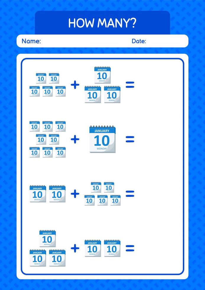 How many counting game with calendar. worksheet for preschool kids, kids activity sheet vector