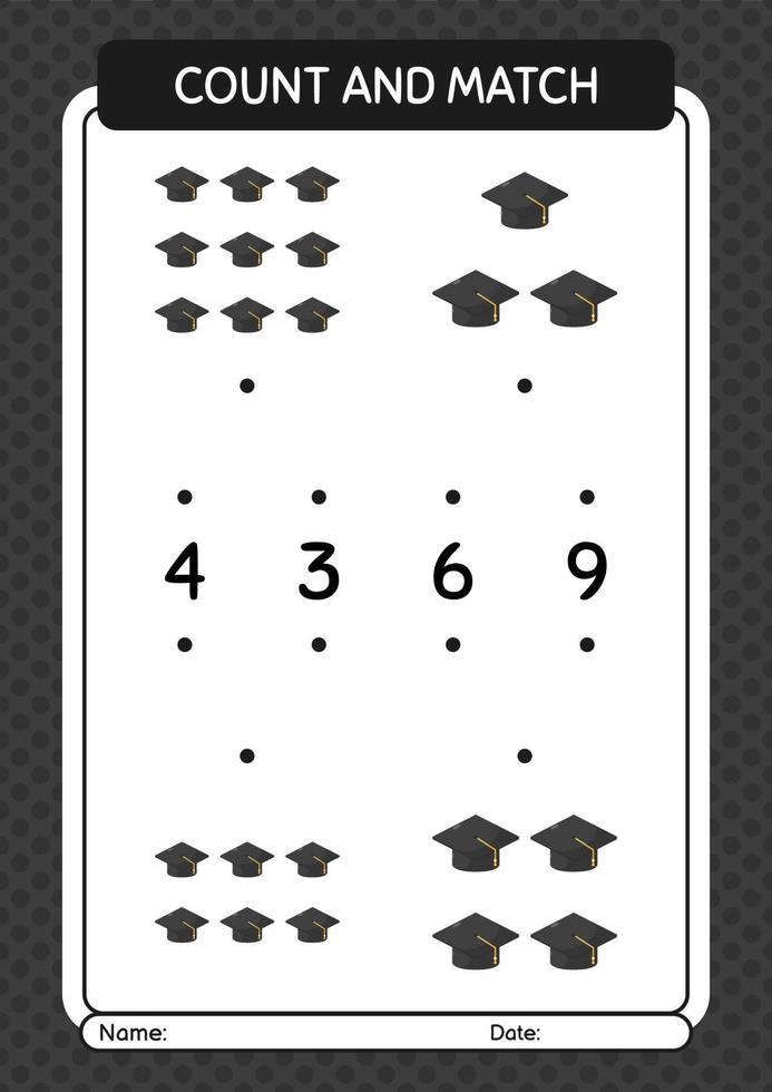 Count and match game with graduation cap. worksheet for preschool kids, kids activity sheet vector