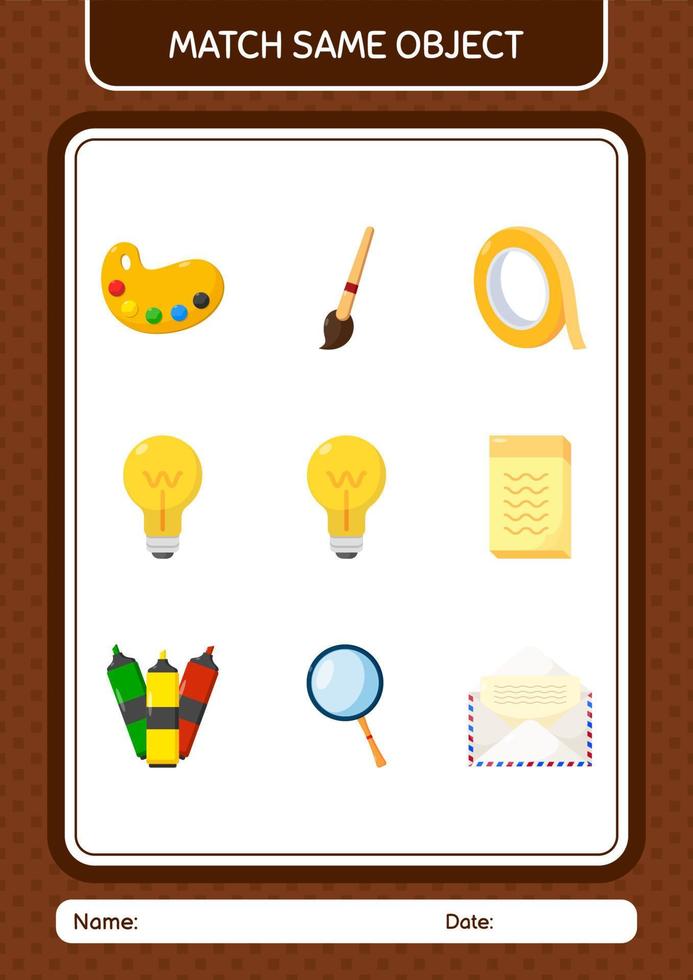 Match with same object game light bulb. worksheet for preschool kids, kids activity sheet vector