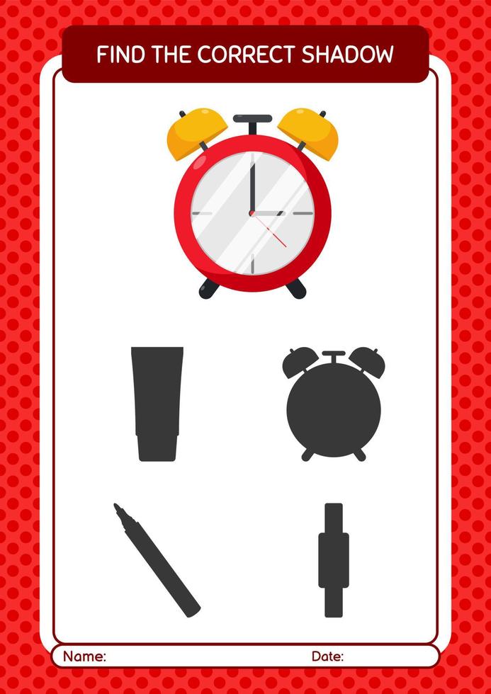 Find the correct shadows game with waker clock. worksheet for preschool kids, kids activity sheet vector